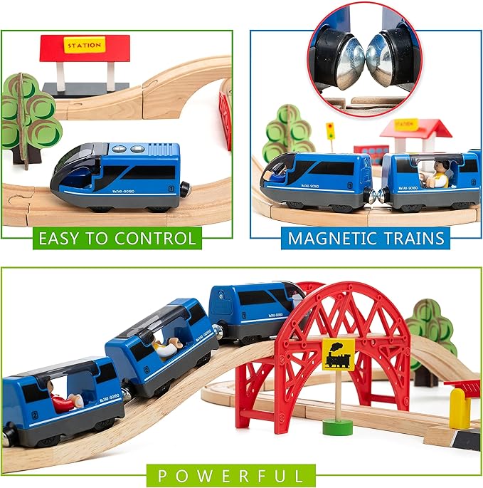 Battery Operated Action Locomotive Toy Train Set for Wooden Train Tracks, (Magnetic)-Compatible with Thomas The Train Toys, Brio Train Set for Toddlers 3-5 and up, Stocking Stuffers for Kids
