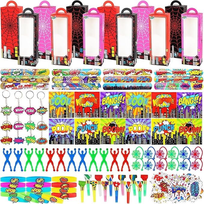 146Pcs Hero Party Favors for Kids, Goodie Box Stuffers Include Mini Notebooks Slap Bracelets Keychain Blowing Dragon Stickers Sticky hands Toy, for Carnival Classroom Prizes Birthday Party Gifts