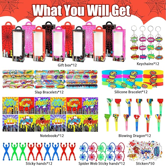 146Pcs Hero Party Favors for Kids, Goodie Box Stuffers Include Mini Notebooks Slap Bracelets Keychain Blowing Dragon Stickers Sticky hands Toy, for Carnival Classroom Prizes Birthday Party Gifts