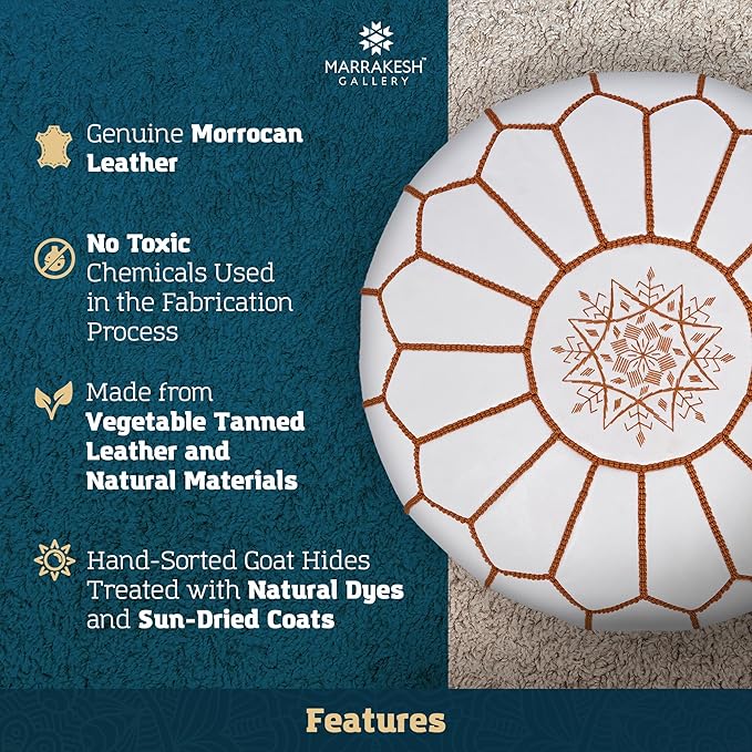 Marrakesh Gallery Genuine Leather Round Pouf Unstuffed - Moroccan Ottoman Footstool, Footrest Cover - Boho Decor - Bohemian Living Room, Bedroom, Kids Room, Gift & Wedding