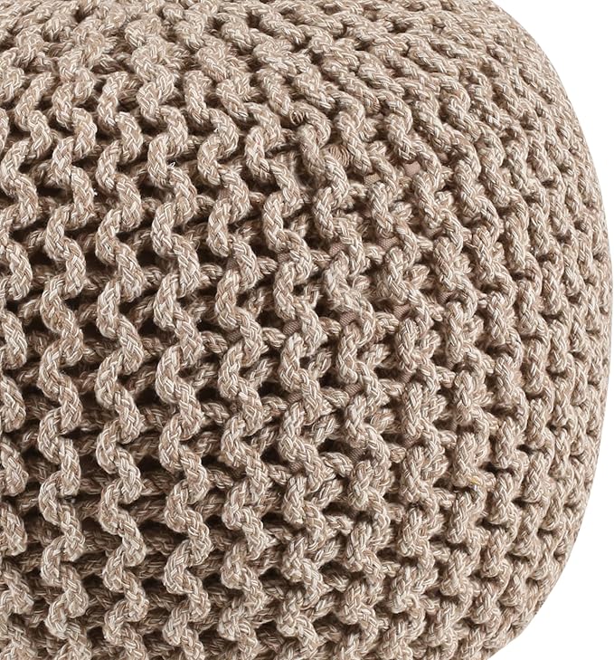 Round Tweed Dori Pouf Ottoman Hand Knitted 100% Cotton Pouf Foot Stool - Knitted Bean Bag - Floor Chair for Bedroom - Foot Rest for Couch (20" Dia x 14" HT) (Natural Beige)