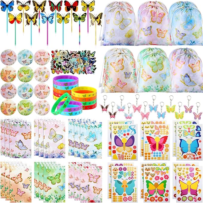 140 Pcs Butterfly Party Favors Spring Butterfly Birthday Party Supplies Include Mini Notebook Pen Keychain Bracelet Drawstring Bag Sticker Fairy Party Favor for Birthday Party Supply