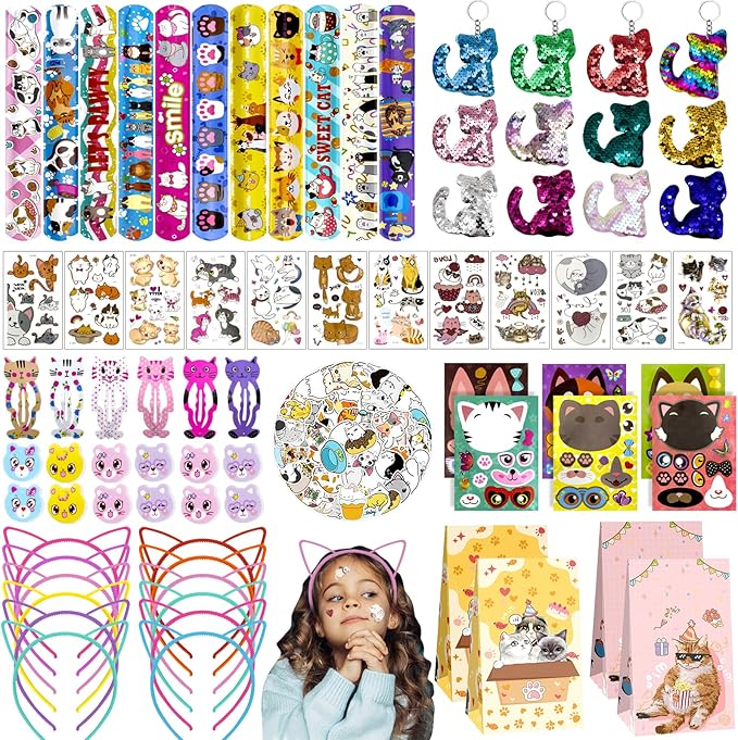 158Pcs Cat Party Favors Set with Cat Headband Keychains Tattoo Stickers Erasers Slap Bracelets Hairpin Goodie Bags Cat Party Supplies Cat Birthday Decorations Girl Party Favors