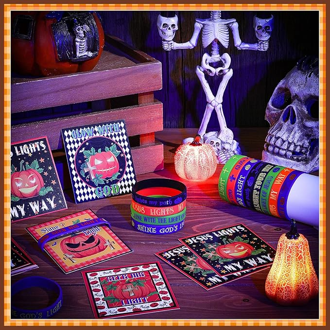 48 Pcs Kids Halloween Party Favors Rubber Bracelets and Cards Christian Silicone Wristbands Bulk Religious Halloween Goodie Bag Stuffers Kids Wristband for Classroom Prizes