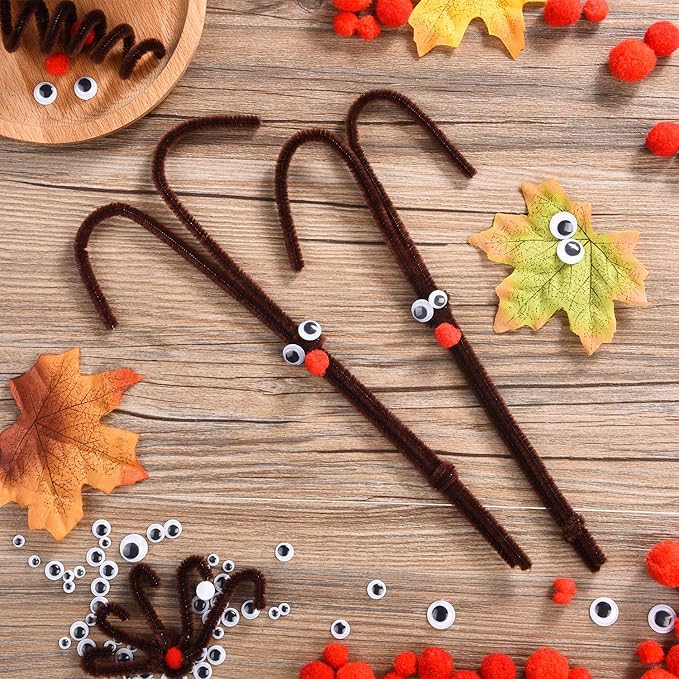 150 Pieces Brown Pipe Cleaners Chenille Stems, 150 Red Pom Poms Assorted Size Craft Pompoms and 300 Wiggle Googly Eyes with Self-Adhesive Back for Christmas Reindeer Crafts DIY Making