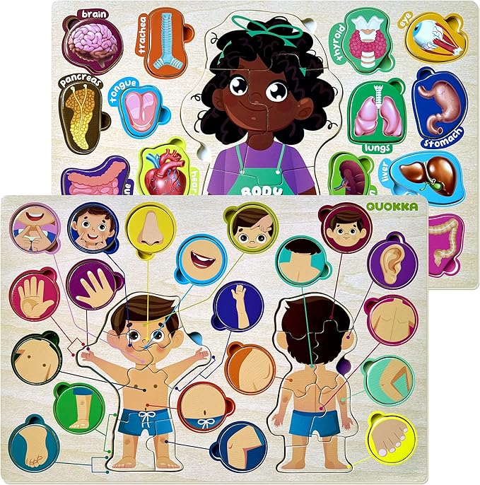 QUOKKA Wooden Puzzles for Kids Ages 18+ Months in a Bag – Montessori Toddlers Puzzles Ages 1-2 – Preschool Game to Learn Human Body Parts Anatomy Skeleton – Educational Toys for Boy & Girl