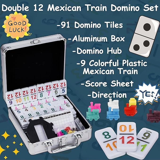 Doublefan Mexican Train Dominoes with Color Numbers,Double 12 Numerical Domino Game, Chicken Foot Dominoes Set with Aluminum Case, 91 Tiles Domino(2-10 Player