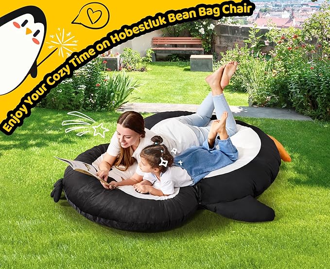 Bean Bag Chairs Bean Bag Floor Cushion Sleeping Mat Bean Bag Chair Adults Beanbag Lounger with Cute Penguin Design for Living Room Bedroom or Playroom (Large,Black)