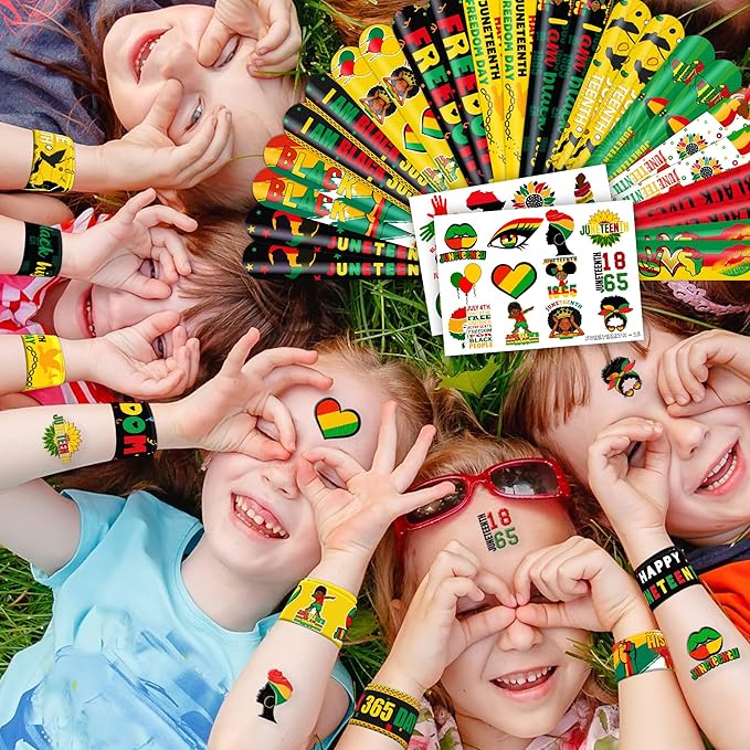 48 PCS Happy Juneteenth African Party Favors 24PCS Tattoos Stickers 24PCS Slap Bracelets Wristbands Perfect for Themed Birthday Baby Showers or Classroom Rewards Ideal Decor and Gifts for Adults
