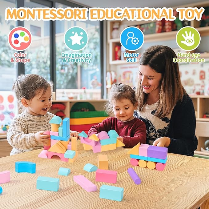 VigorFun 110 PCS Wooden Building Blocks Set - Construction Stacking Toy with Storage Bag, Montessori Preschool Toys for Toddlers Kids Birthday Gifts Ages 3+