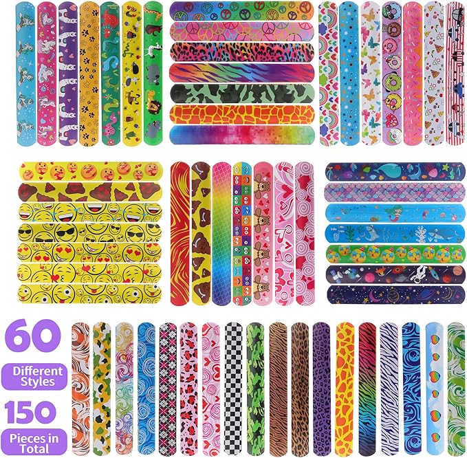 150 Pcs Slap Bracelets,Colorful Slap Bracelets Wristbands with Animal Hearts Print Design,Party Favors Slap Bracelets Bulk for Boys Girls Birthday Party Supplies