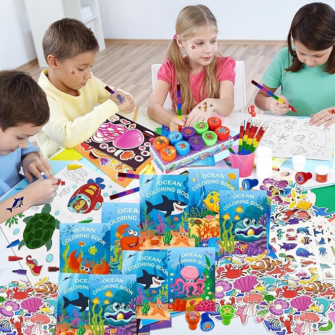 146Pcs Ocean Party Favors for Toddlers Kids 4-8 Under The Sea Animals Coloring Books with Crayons Bulk Birthday Supplies Tattoo Stickers Stamper Bracelets School Classroom Reward Gift Goodie Bags