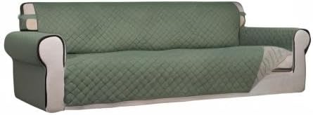 PureFit Reversible Quilted Sofa Cover, Water Resistant Slipcover Furniture Protector, Washable Couch Cover with Non Slip and Elastic Straps for Kids, Dogs, Pets (XX Large, Greyish Green/Beige)