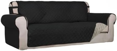 PureFit Reversible Quilted Sofa Cover, Water Resistant Slipcover Furniture Protector, Washable Couch Cover with Non Slip and Elastic Straps for Kids, Dogs, Pets (Oversized Sofa, Black/Beige)