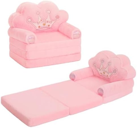 MOONBEEKI Toddler Chair Comfy，Foldable Princess Kids Couch for Girl, Toddler Recliners for Kids Over 18 Months, Kids Sofa Bed Fold Out (Pink)