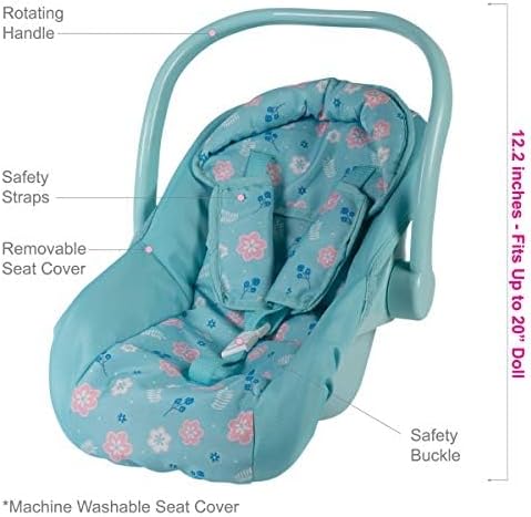 Adora Baby Doll Car Seat with with Removable Seat Cover - Machine Washable, Fits Most Dolls & Plush Animals Up To 20”, Birthday Gift For Children Ages 2+ - Blue Flower Power