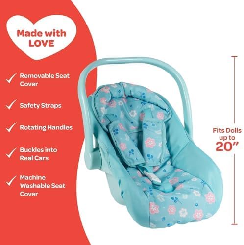 Adora Baby Doll Car Seat with with Removable Seat Cover - Machine Washable, Fits Most Dolls & Plush Animals Up To 20”, Birthday Gift For Children Ages 2+ - Blue Flower Power