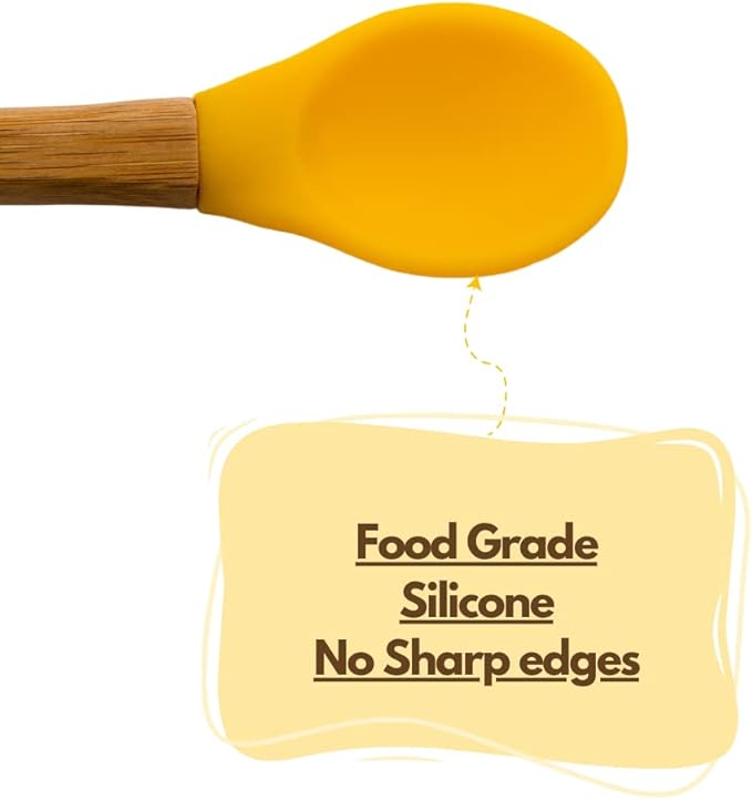 Baby Spoons Bamboo Feeding Spoon 5.5" with Silicone Tip BPA Free Toddler Food Spoons Yellow 2 PACK