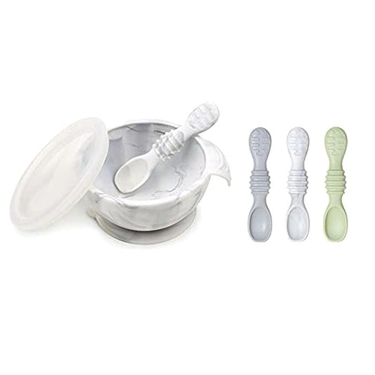 Bumkins Baby Bowl, Silicone Feeding Set with Suction for Baby and Toddler, Includes 4 Spoons and Lid, First Feeding Set, Training Essentials for Baby Led Weaning for Babies 4 Months Up, Marble