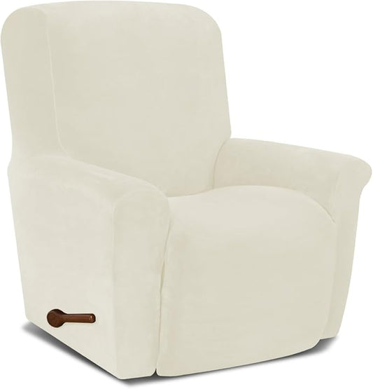 AZON Velvet Stretch Recliner Chair Cover,1-Piece Washable Recliner Couch Cover with Elastic Furniture Protector for Pets, Kids(Recliner, Ivory)