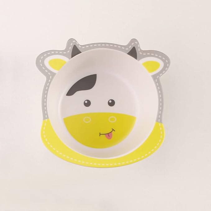 Kids Dinnerware Set Bamboo 5 Pcs with Plate Bowl Cup Fork Spoon (Cow)