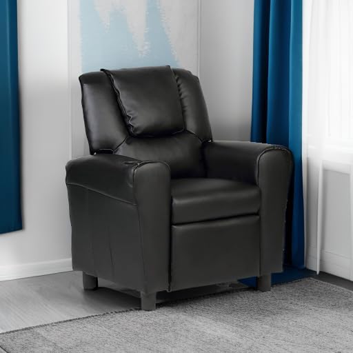 Costzon Kids Recliner Chair with Cup Holder, Toddler Furniture Children Armrest Sofa w/Headrest & Footrest for Girls Boys Baby Bedroom, Kids Room, PU Leather Kids Recliner Couch (Black)