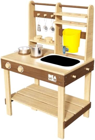 6 in 1 Mud Kitchen for Kids Outdoor with Wooden Sand Molds,Toddler Pretend Play Kitchen with Removable Sink,Cookware,Stove,Chalkboard,Faucet & Storage Shelves for Backyard Garden