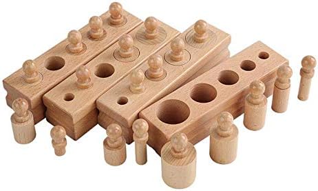 Adena Montessori Wooden Small Cylinders Block,Knobbed Cylinder Socket,Montessori Materials Wooden Cylinders Ladder Blocks,Sensorial Educational Tools Preschool Early Learning Toys for Kids (Set of 4)