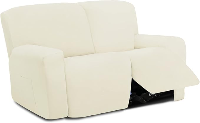 Easy-Going 6 Pieces Microfiber Stretch Sectional Recliner Sofa Slipcover Soft Fitted Fleece 2 Seats Couch Cover Washable Furniture Protector with Elasticity for Kids (Recliner Loveseat, Ivory)
