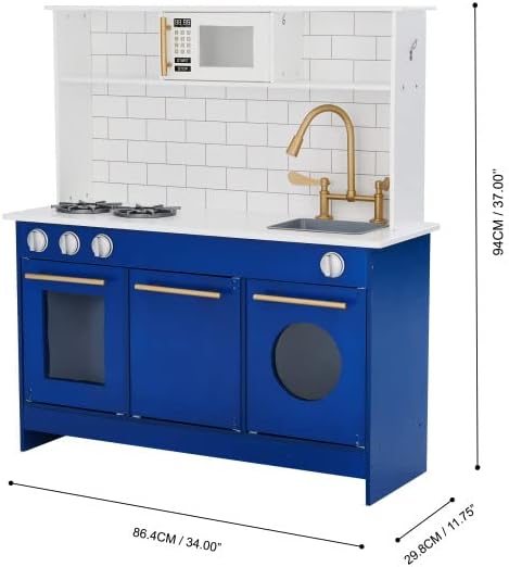 Teamson Kids Little Chef Berlin Kids Play Kitchen with 6 Kitchen Accessories, Wooden Play Kitchen Set for Toddlers with Subway Tile Backsplash, Gold Hardware, & Storage Shelves, Blue/White