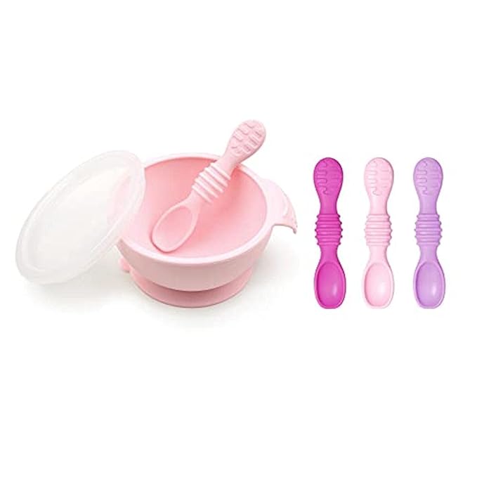 Bumkins Baby Bowl, Silicone Feeding Set with Suction for Baby and Toddler, Includes 4 Spoons and Lid, First Feeding Set, Training Essentials for Baby Led Weaning for Babies 4 Months Up, Pink
