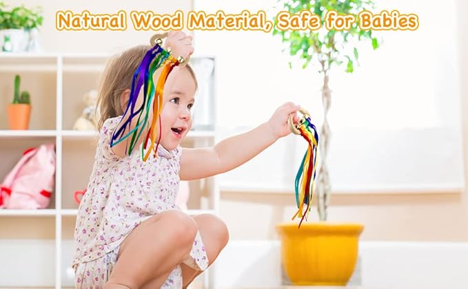 2pcs Baby Natural Wood Bracelet with Bell Rainbow Ribbon Sensory Toy- The Best Sensory Toys for Audiovisual and Motor Development, Encourages Parent-Child Interaction, for Babies Aged 3-24 Months
