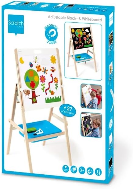 Adjustable Wooden Easel by Scratch Europe – 2-in-1 Chalkboard and Dry Erase Magnet Set for Kids – Paint, Color and Draw – Encourages Imaginative and Developmental Play – Engaging Learning – Ages 3+