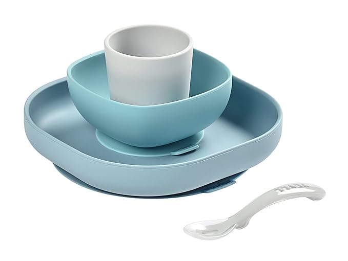 BEABA Silicone 4 Piece Baby Feeding Set, Suction Plates for Baby, Includes Plate, Bowl, Cup, 2nd Stage Silicone Spoon, High Grade Food Safe Silicone, Rain