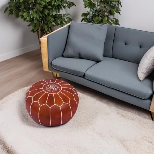 Genuine Leather Round Pouf Cover - Handmade Moroccan Ottoman Footstool, Unstuffed Footrest Under Desk - Boho Decor - Bohemian Living Room, Bedroom, Kids Room - Housewarming Gift & Wedding