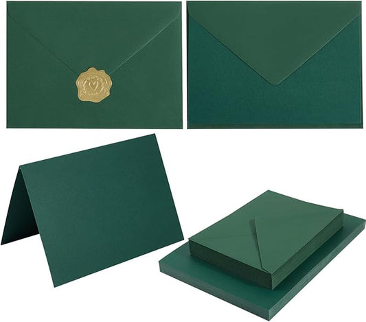 50 Pack Dark Green A7 Envelopes with Cards 5x7 Thick Folded Cardstock and Gold Stickers for Greeting Cards, Wedding, Birthday, Invitations, Baby Showers (Dark Green, 5x7)