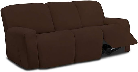 Easy-Going 8 Pieces Microfiber Stretch Sectional Recliner Sofa Slipcover Soft Fitted Fleece 3 Seats Couch Cover Washable Furniture Protector with Elasticity for Kids Pet(Recliner Sofa, Coffee)
