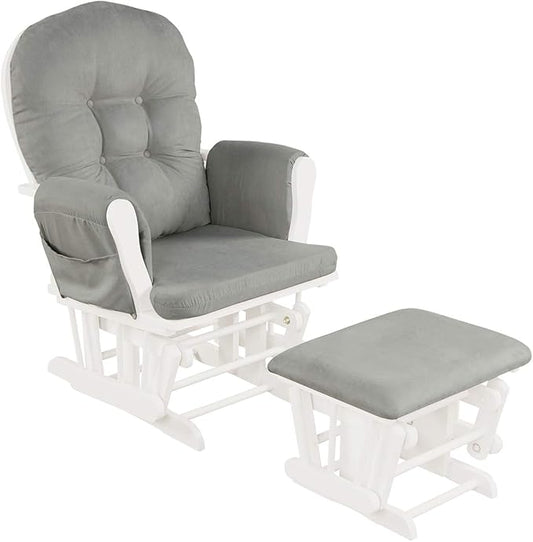 Costzon Nursery Glider with Ottoman, Upholstered Comfort Glider Rocker with Padded Cushion, Storage Pocket, Solid Wood Base, Rocking Chair Nursery for Breastfeeding, Maternity, Napping (Light Gray)