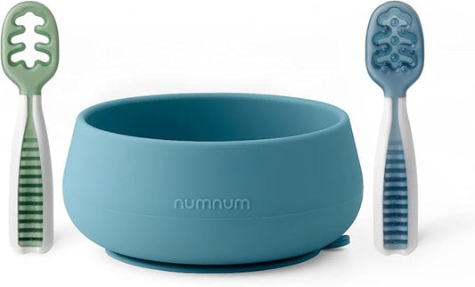 NumNum Suction Bowl + Pre-Spoon GOOtensils Self Feeding Set for Babies & Toddlers | Baby Spoon Set (Stage 1+ 2) | 100% Food Grade Silicone BPA-Free | Strong Suction | 4 months+ (Blue/Glacier Green)