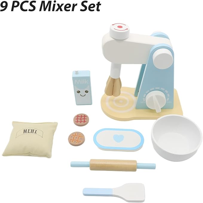 Wooden Kitchen Mixer Set, Bake-Cookie Blender Toy Play Kitchen Accessories, Education Pretend Play Game Interactive Early Learning Toys for Kids, Birthday Gift for 3 4 5 6 7 Ages Boys Girls, 9 Pieces