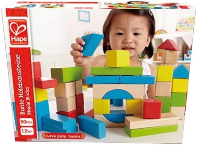 Hape Maple Wood Kids Building Blocks Stacking Wooden Block Educational Toy Set for Toddlers, 50 Brightly Colored Pieces in Assorted Shapes and Sizes