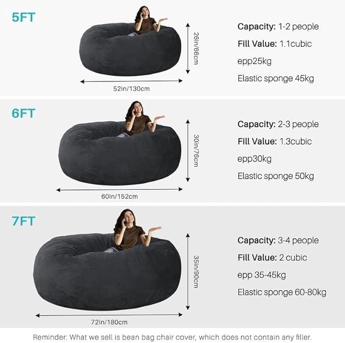 cjc Giant Fur Bean Bag Chair Cover for Kids Adults, (No Filler) Living Room Furniture Big Round Soft Fluffy Faux Fur Beanbag Lazy Sofa Bed Cover(Black, 6FT 150 * 75cm)