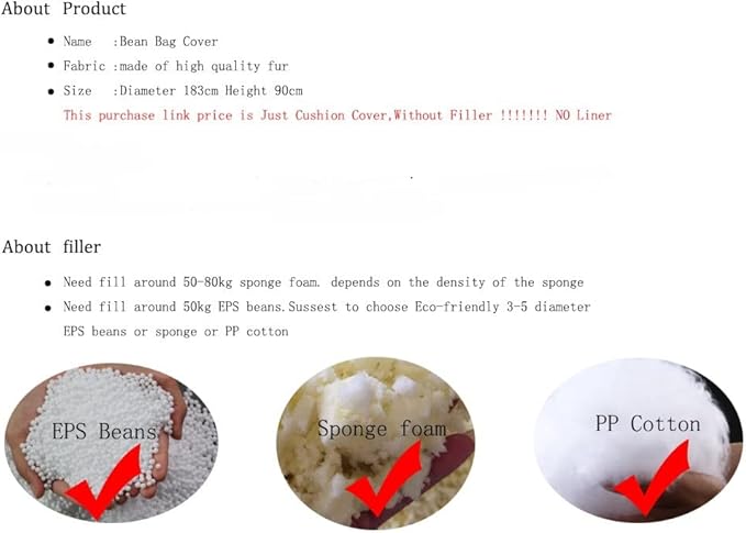 cjc Giant Fur Bean Bag Chair Cover for Kids Adults, (No Filler) Living Room Furniture Big Round Soft Fluffy Faux Fur Beanbag Lazy Sofa Bed Cover,Snow White,7FT 180 * 90cm(Snow White)