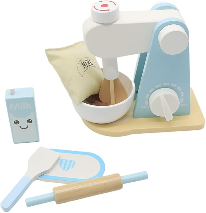 Wooden Kitchen Mixer Set, Bake-Cookie Blender Toy Play Kitchen Accessories, Education Pretend Play Game Interactive Early Learning Toys for Kids, Birthday Gift for 3 4 5 6 7 Ages Boys Girls, 9 Pieces
