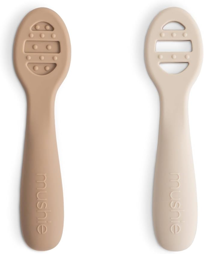 mushie Silicone First Feeding Baby Spoons | 2 Pack (Natural/Shifting Sand)
