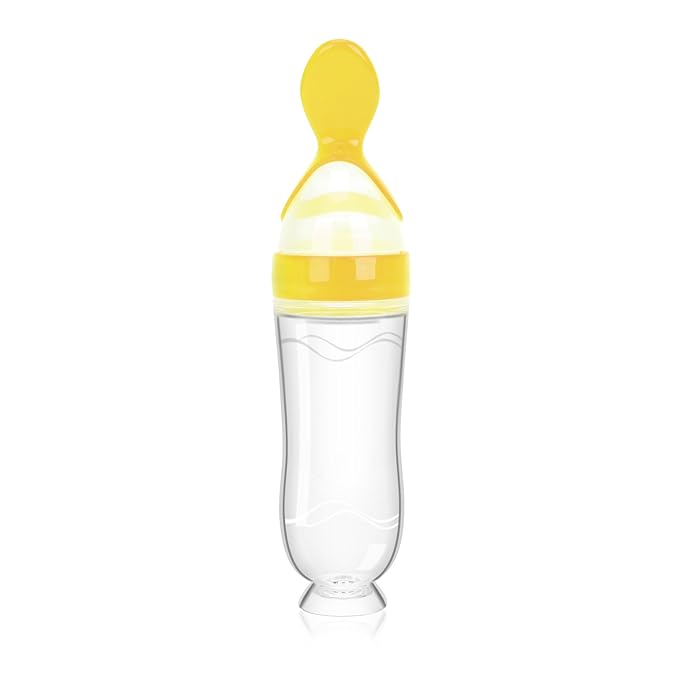 Baby Food Feeder Silicone Baby Food Dispensing Spoon-WAJIAYON, 3 oz Squeeze Feeding Spoons with Suction Cup for Boys Girl Kids Toddlers - Self Feeding Bottle Spoon -Yellow