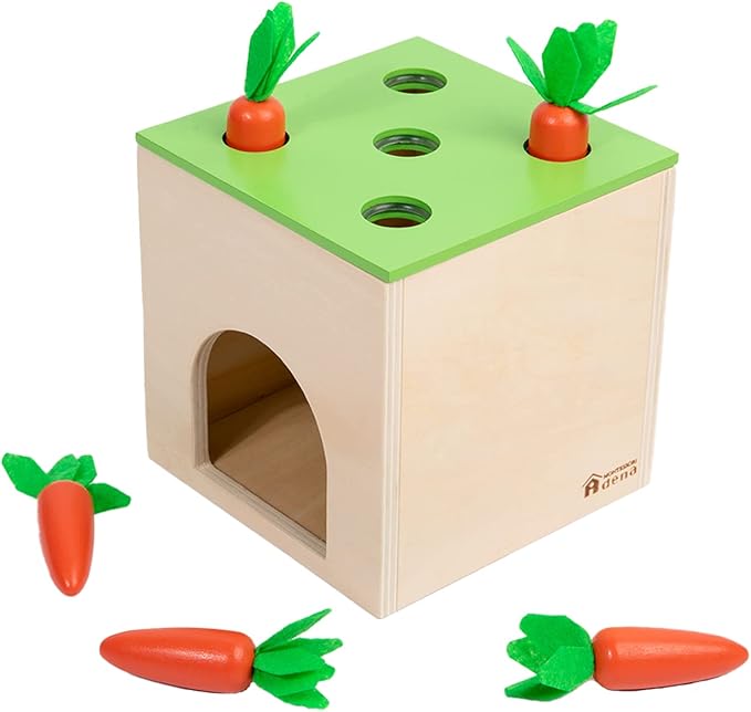 Adena Montessori 6 in 1 Play Kit Toy- 3 Nesting & Stacking Boxes, Object Permanence Drop Game, Coin Box, Carrot Harvest,Tissue Box,Sticks Matching Game for 6-12 Months 1 Year Old Toddlers 2 Year