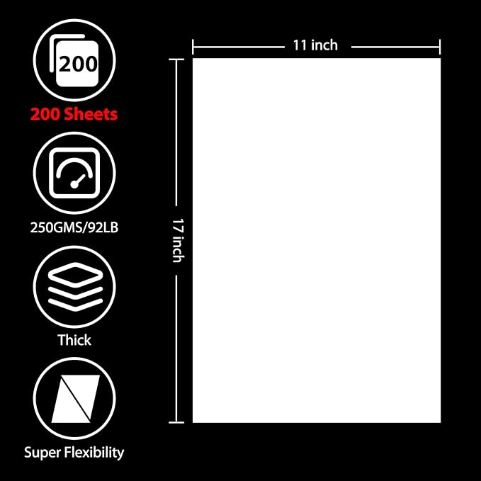 200 Sheets White Cardstock 11” x 17”, 92lb/250gsm Card Stock, Thick Card Stock Paper, Heavy Cardstock Paper for Printer, Resume, Scrapbooks, Art, Crafts, Business Cards