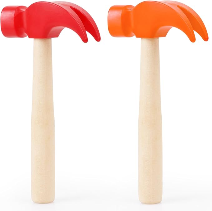 2 Pack Wooden Hammer Toys Simulation Hammers Maintenance Tools Educational Toys for Kids Birthday Party Games Supplies (Red + Orange)