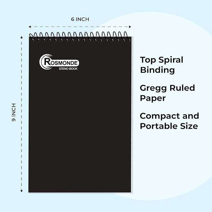 48 Pack Bulk Spiral Steno Pads, 6"x 9", Steno Notebook Gregg Rule, Black Covers, 80 Sheets (160 Pages), Top Spiral Notebook, Bulk Steno Notebooks for Notes in School, College, Office Notepad